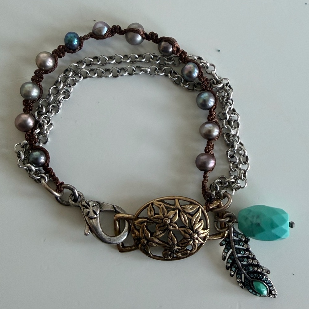 Lucky Brand Charm Bracelet – Silver Feather, Turquoise & Rhinestones